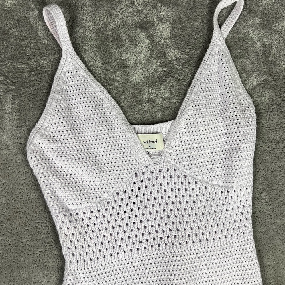 Aritzia Dress Womens XS Wilfred Evie Crochet Pastel Boho Whimsical Midi Lavender - Picture 7 of 12